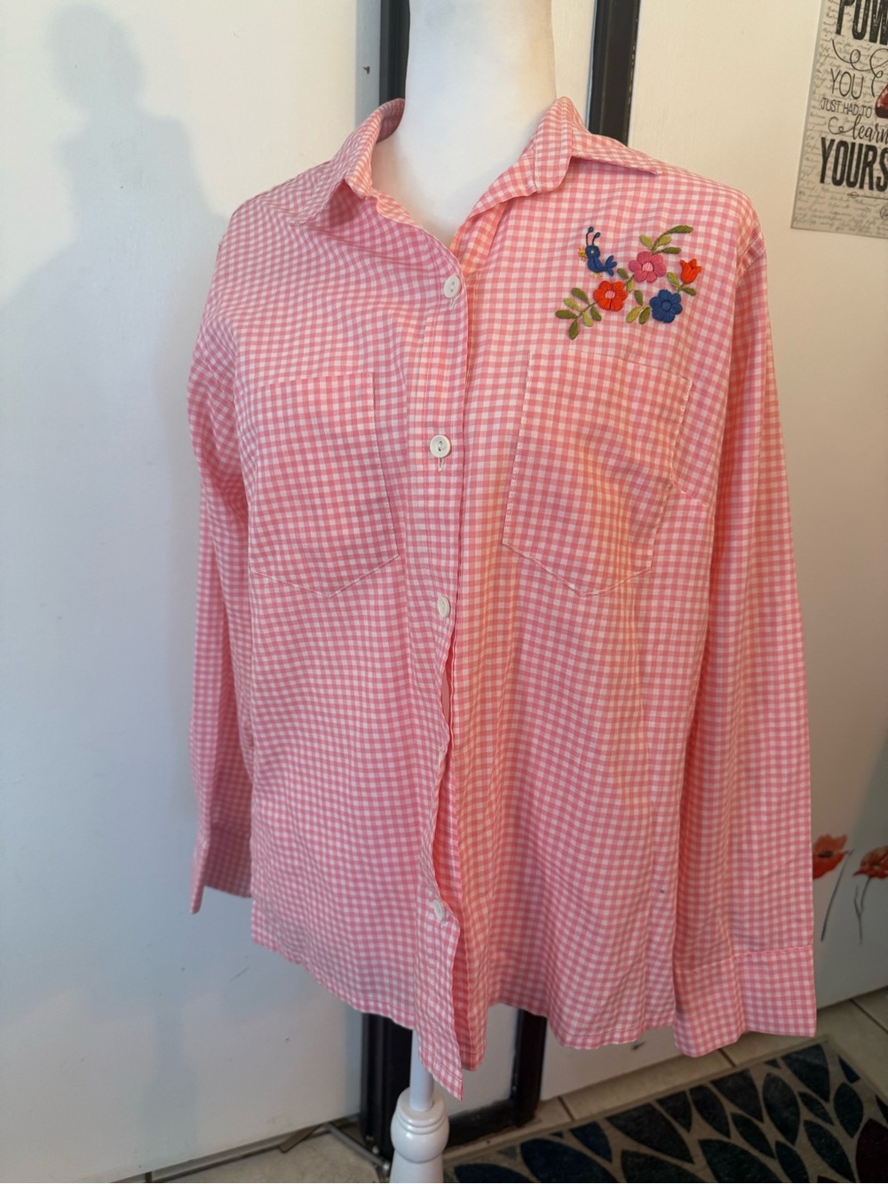 Pink Gingham Button-Up Shirt with Floral and scarecrow Embroidery